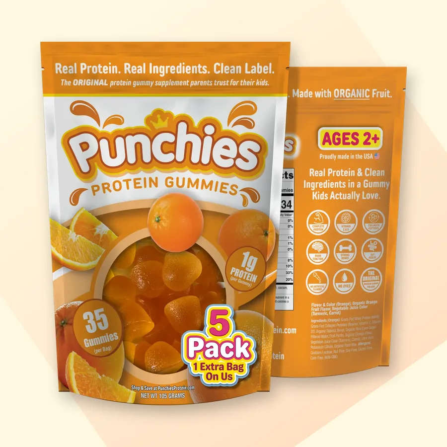Best kids gummy vitamins: Punchies orange protein gummies, 5-bag pack