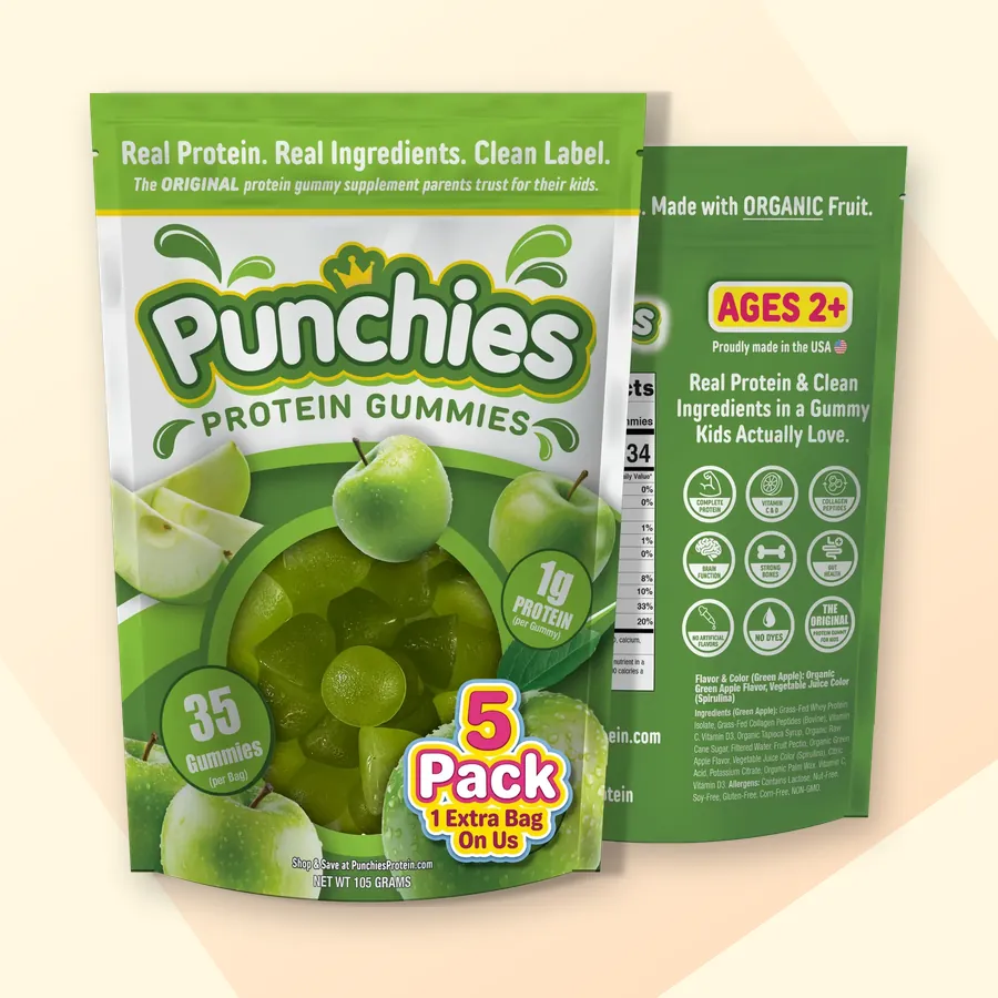 Best kids gummy vitamins: Punchies green apple protein gummies, 5-bag pack