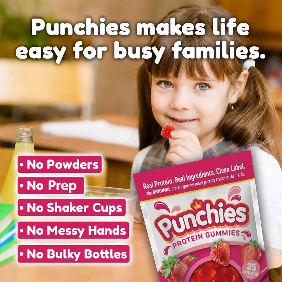 Best kids gummy vitamins: a child enjoying Punchies protein gummies, with no powders, no prep and no shaker cups